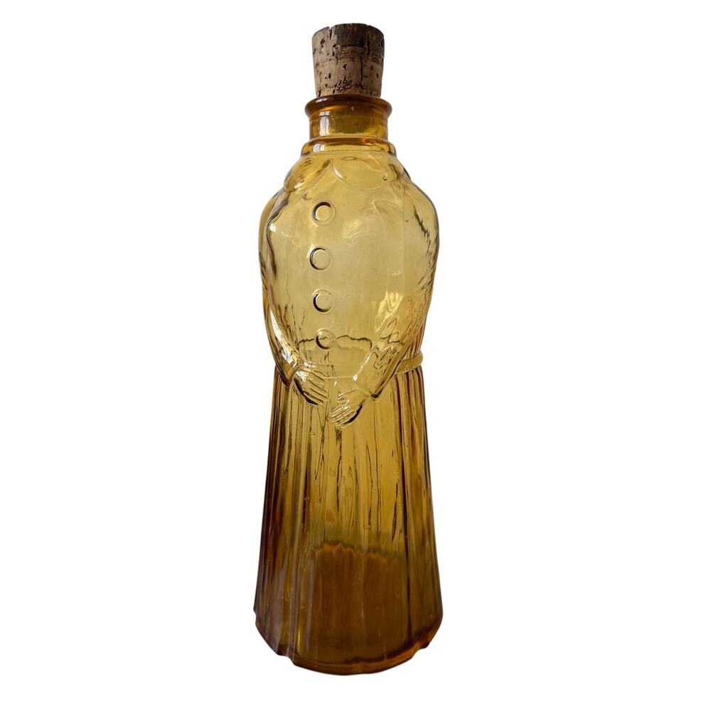 1960 Vintage Mid-Century Empoli Italian Amber Glass Lady Decanter Bottle Cork